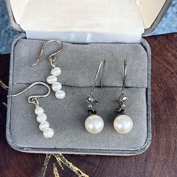 Vintage Sterling Silver Faux Pearl Earring Set Marcasite Details - Picture 1 of 5